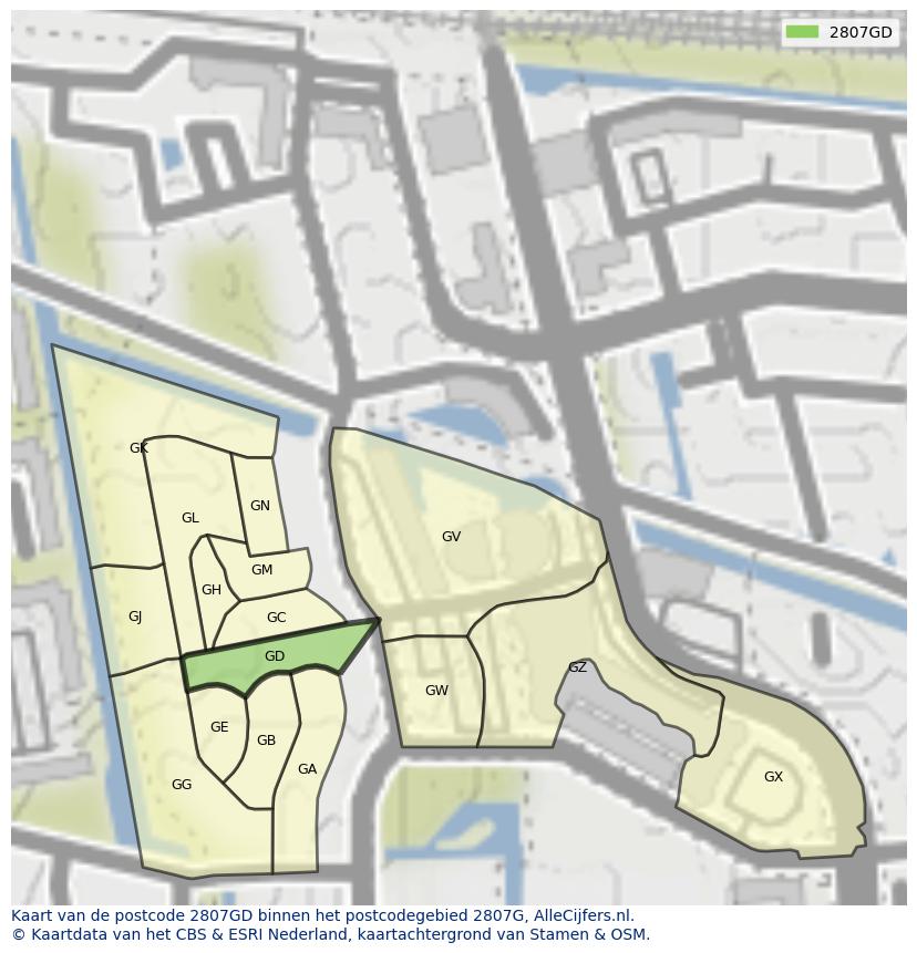 Afbeelding van het postcodegebied 2807 GD op de kaart.