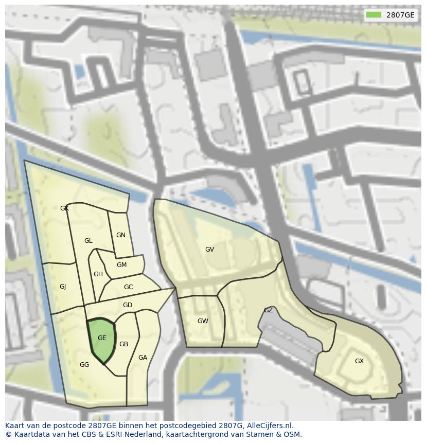 Afbeelding van het postcodegebied 2807 GE op de kaart.