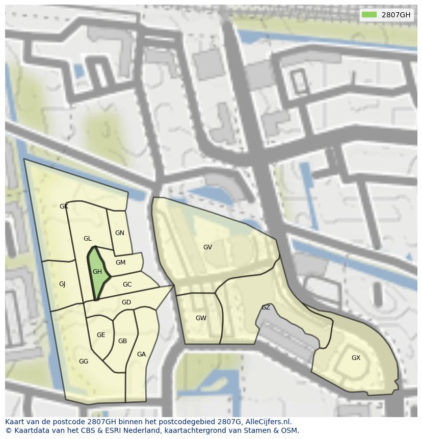 Afbeelding van het postcodegebied 2807 GH op de kaart.