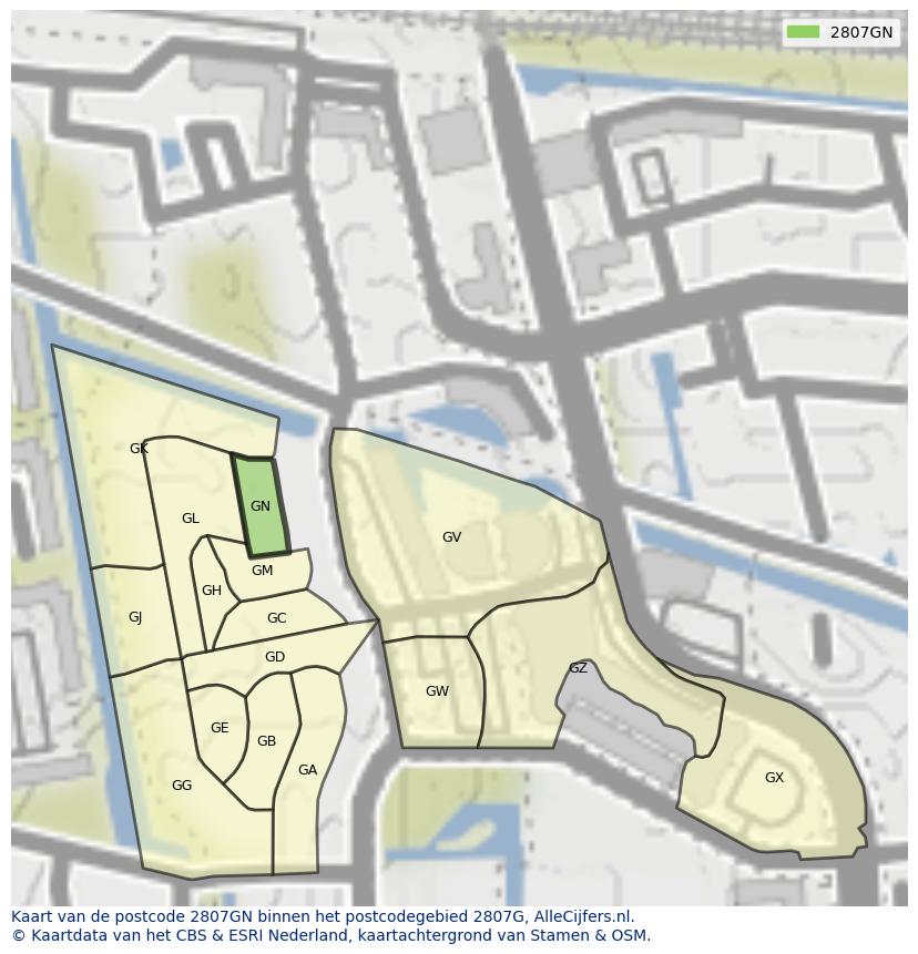 Afbeelding van het postcodegebied 2807 GN op de kaart.