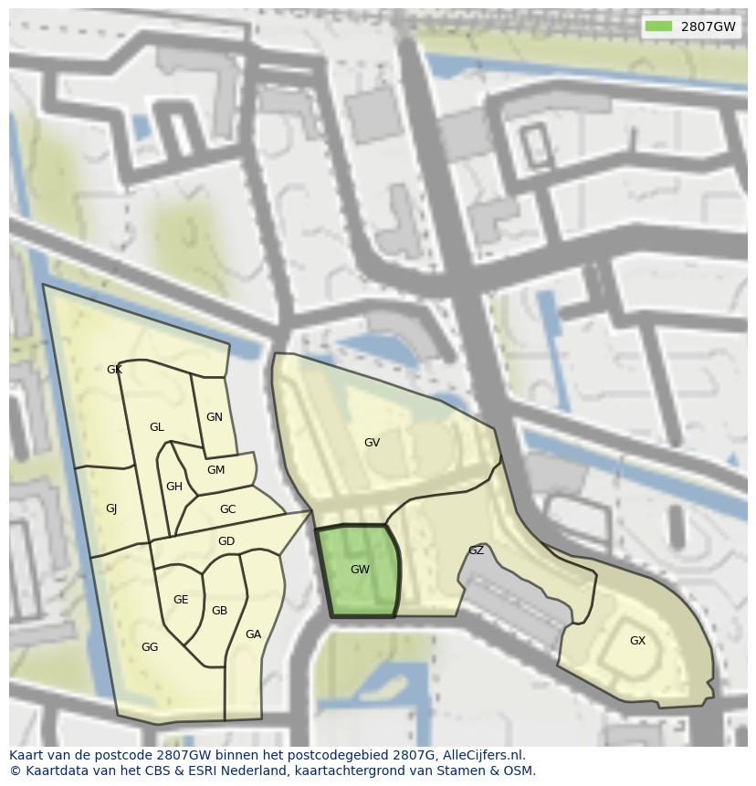 Afbeelding van het postcodegebied 2807 GW op de kaart.