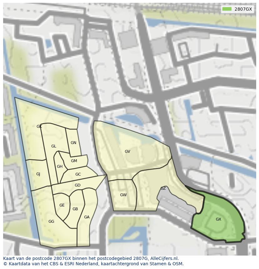 Afbeelding van het postcodegebied 2807 GX op de kaart.
