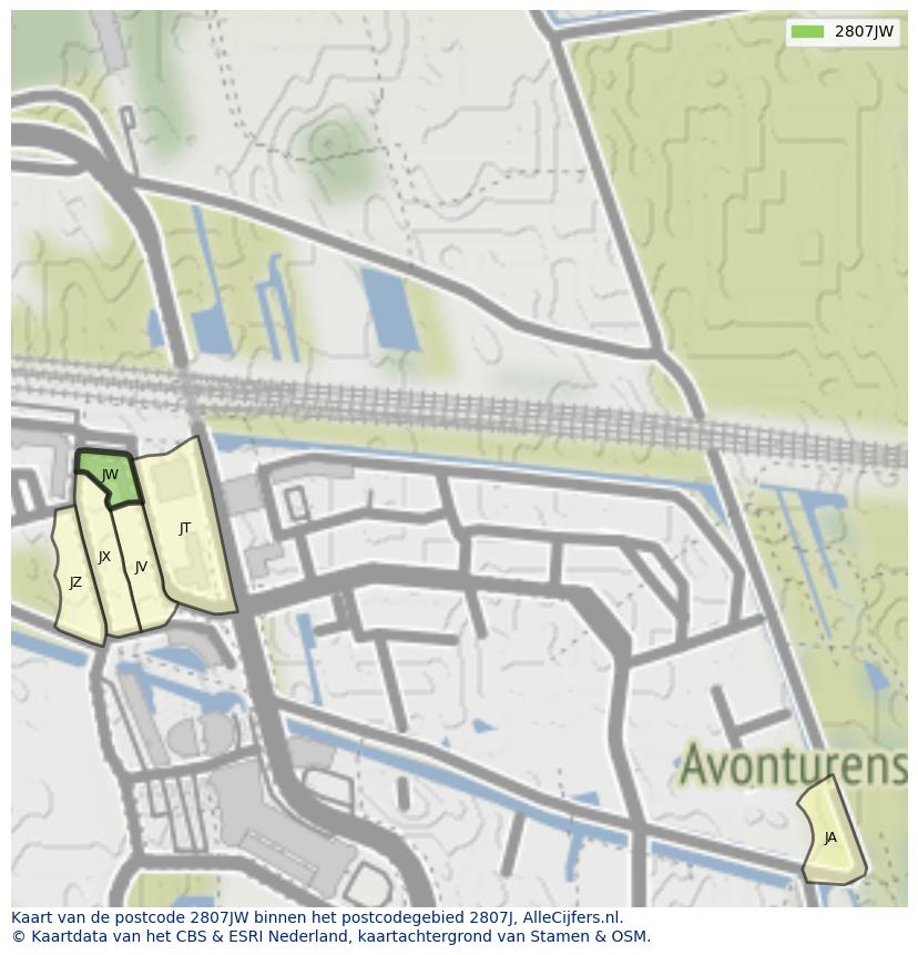 Afbeelding van het postcodegebied 2807 JW op de kaart.