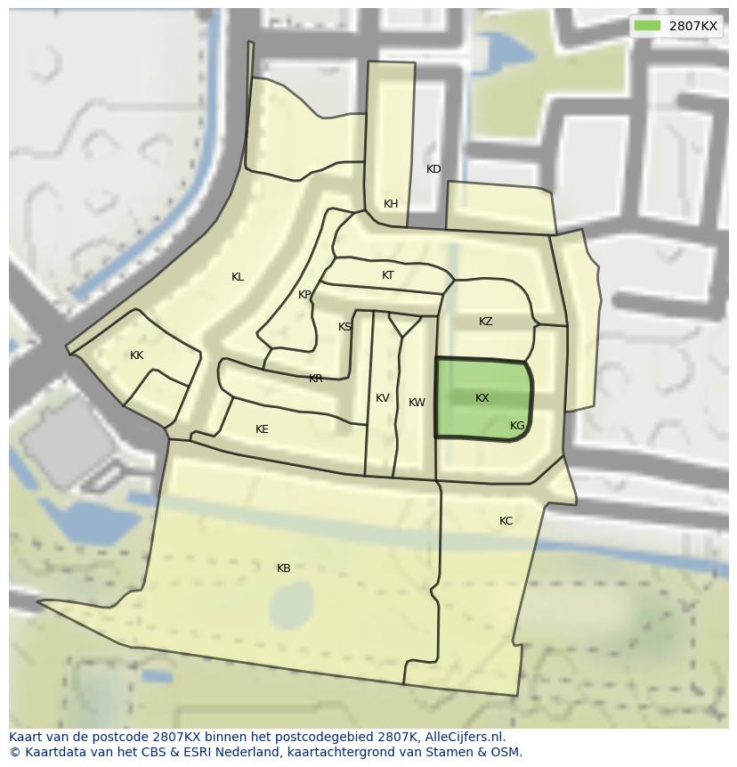 Afbeelding van het postcodegebied 2807 KX op de kaart.