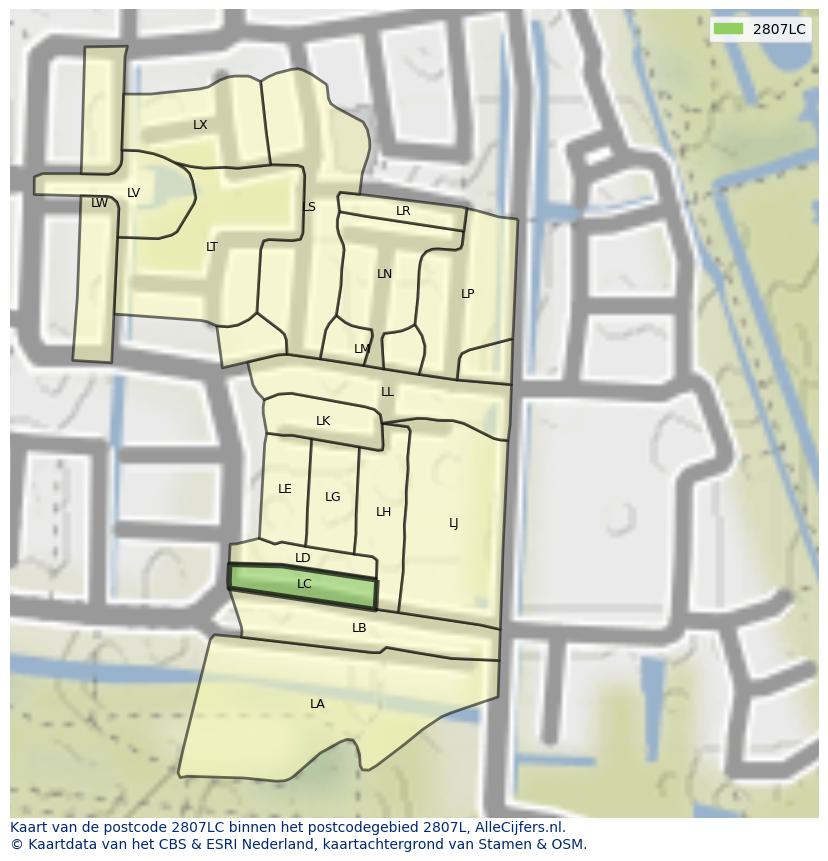 Afbeelding van het postcodegebied 2807 LC op de kaart.