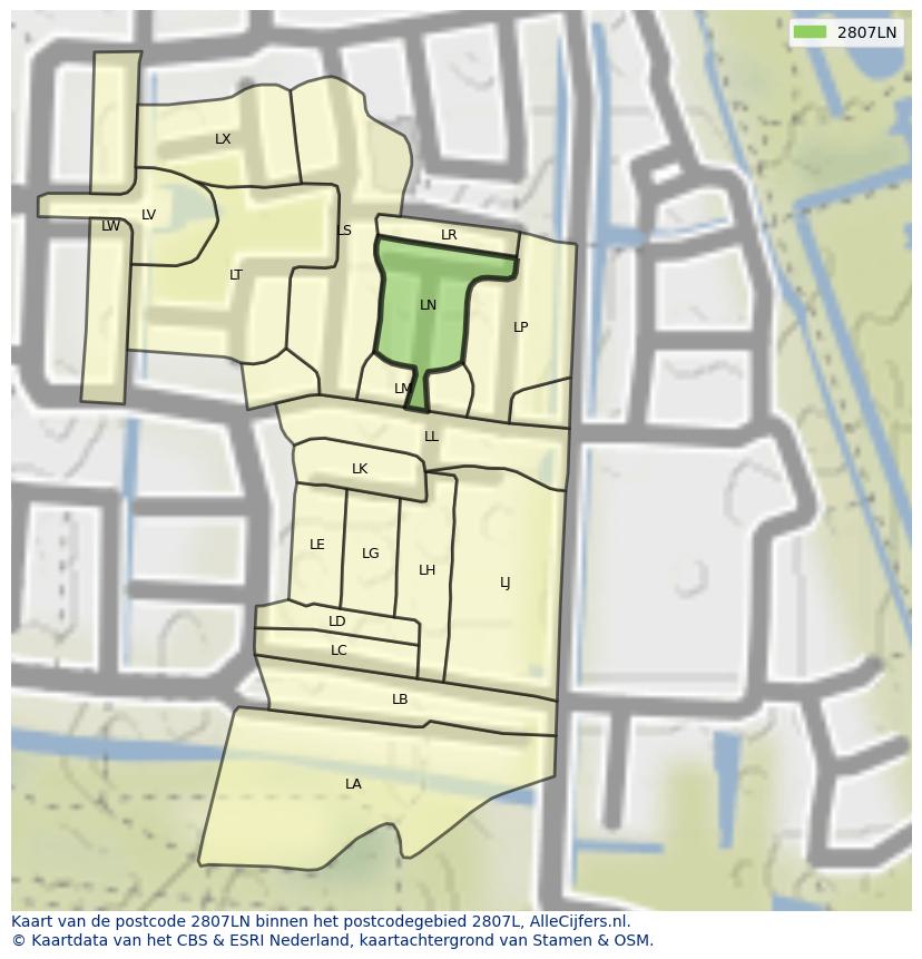 Afbeelding van het postcodegebied 2807 LN op de kaart.