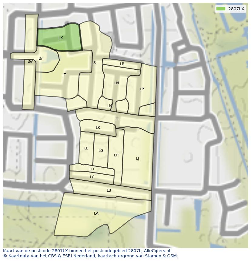 Afbeelding van het postcodegebied 2807 LX op de kaart.
