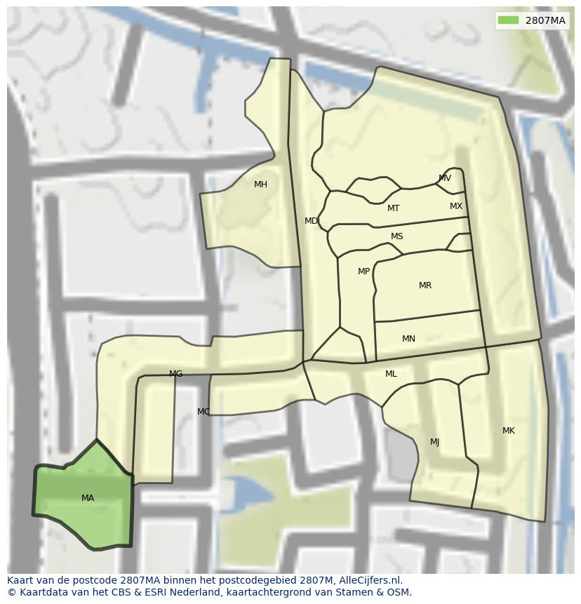 Afbeelding van het postcodegebied 2807 MA op de kaart.
