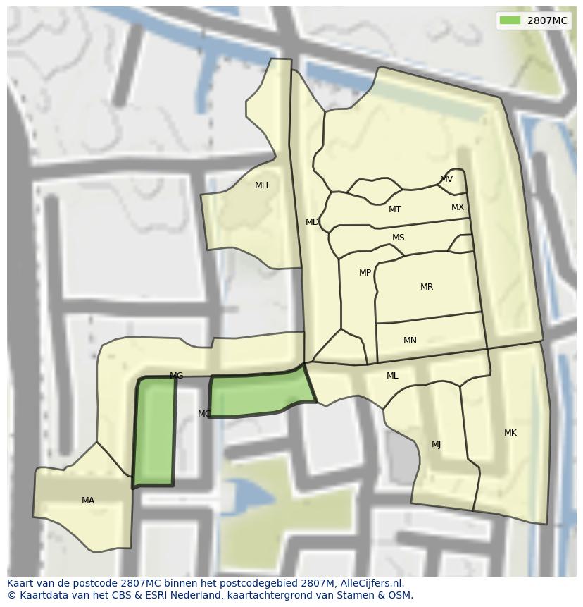 Afbeelding van het postcodegebied 2807 MC op de kaart.