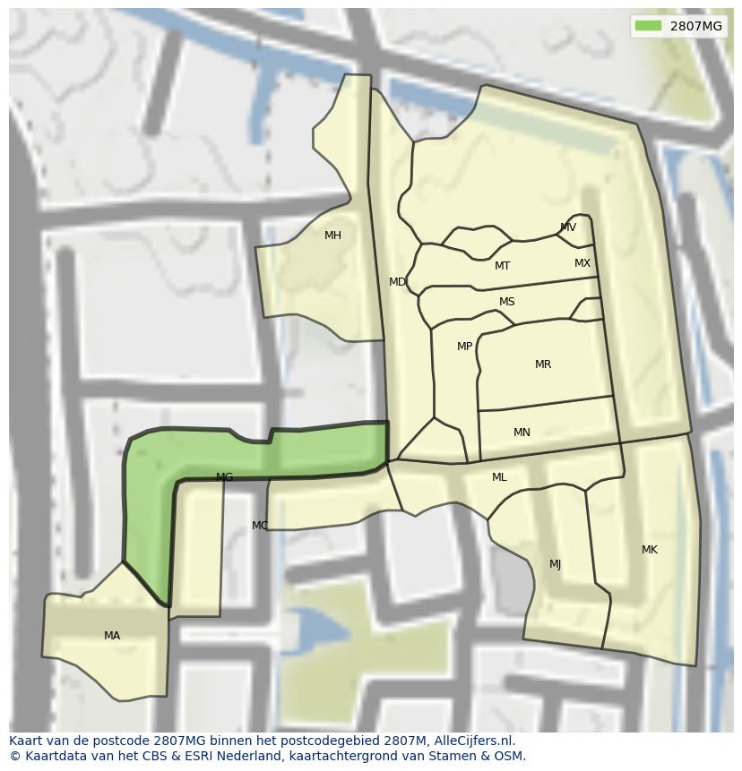 Afbeelding van het postcodegebied 2807 MG op de kaart.