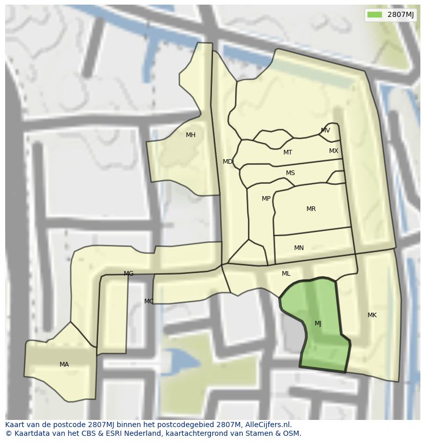 Afbeelding van het postcodegebied 2807 MJ op de kaart.