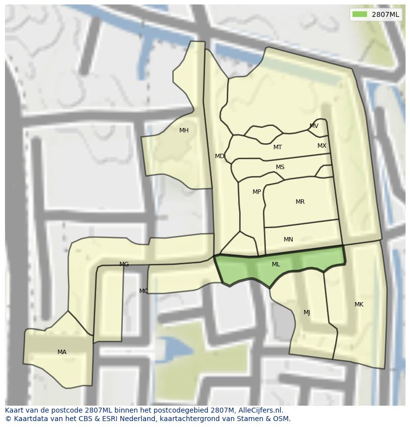 Afbeelding van het postcodegebied 2807 ML op de kaart.