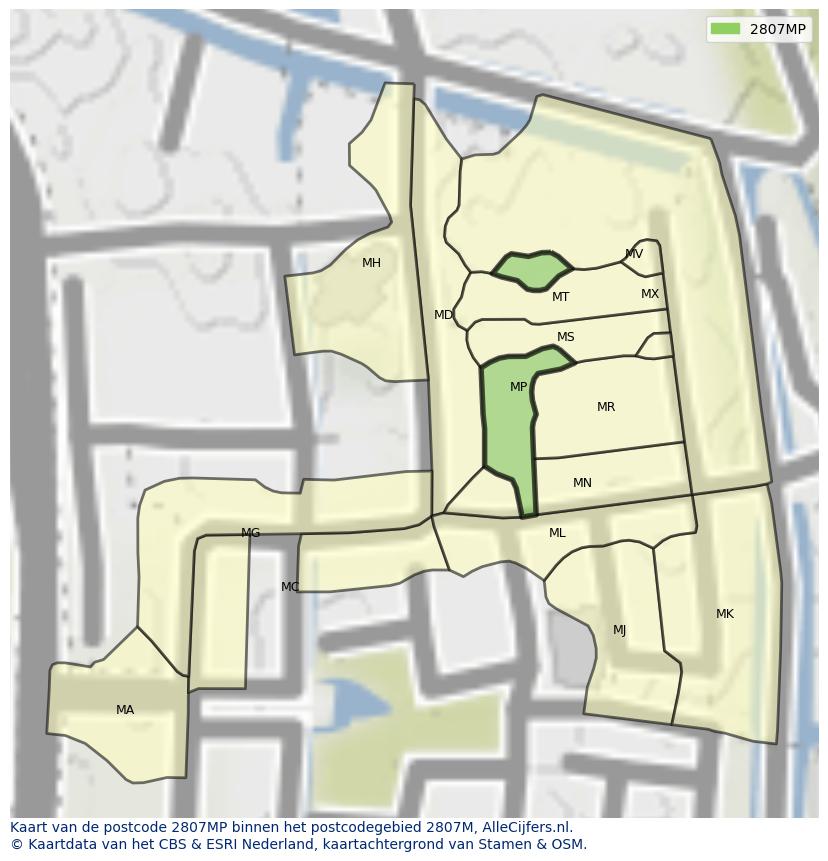 Afbeelding van het postcodegebied 2807 MP op de kaart.
