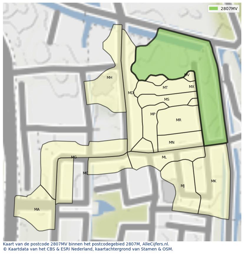 Afbeelding van het postcodegebied 2807 MV op de kaart.