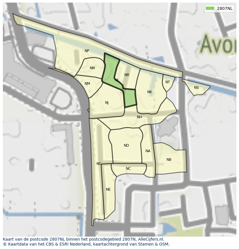 Afbeelding van het postcodegebied 2807 NL op de kaart.