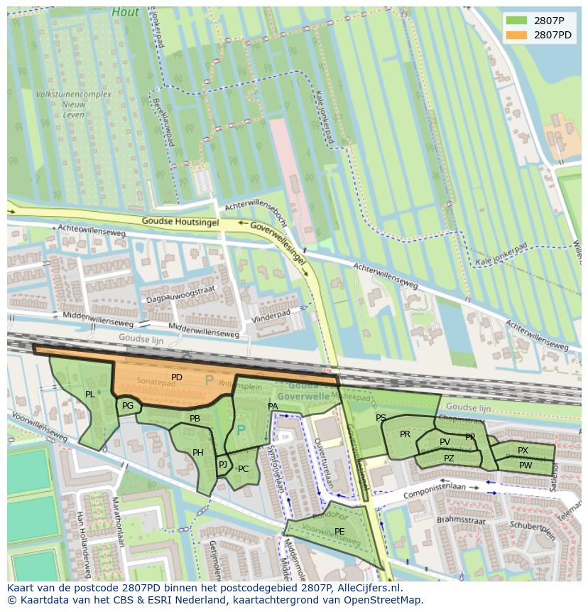 Afbeelding van het postcodegebied 2807 PD op de kaart.