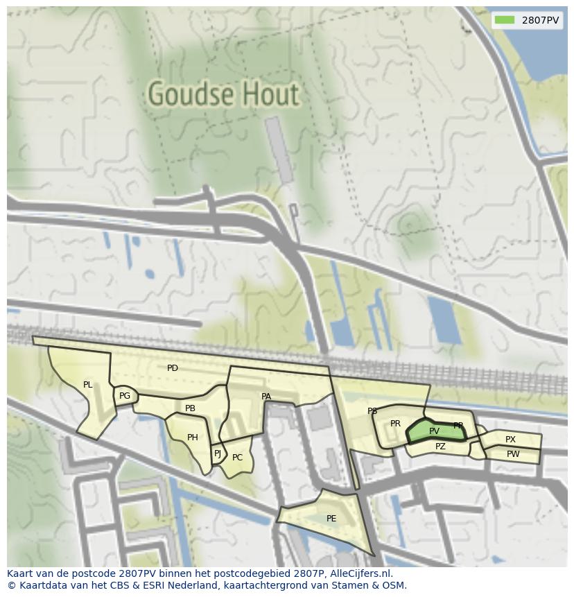 Afbeelding van het postcodegebied 2807 PV op de kaart.