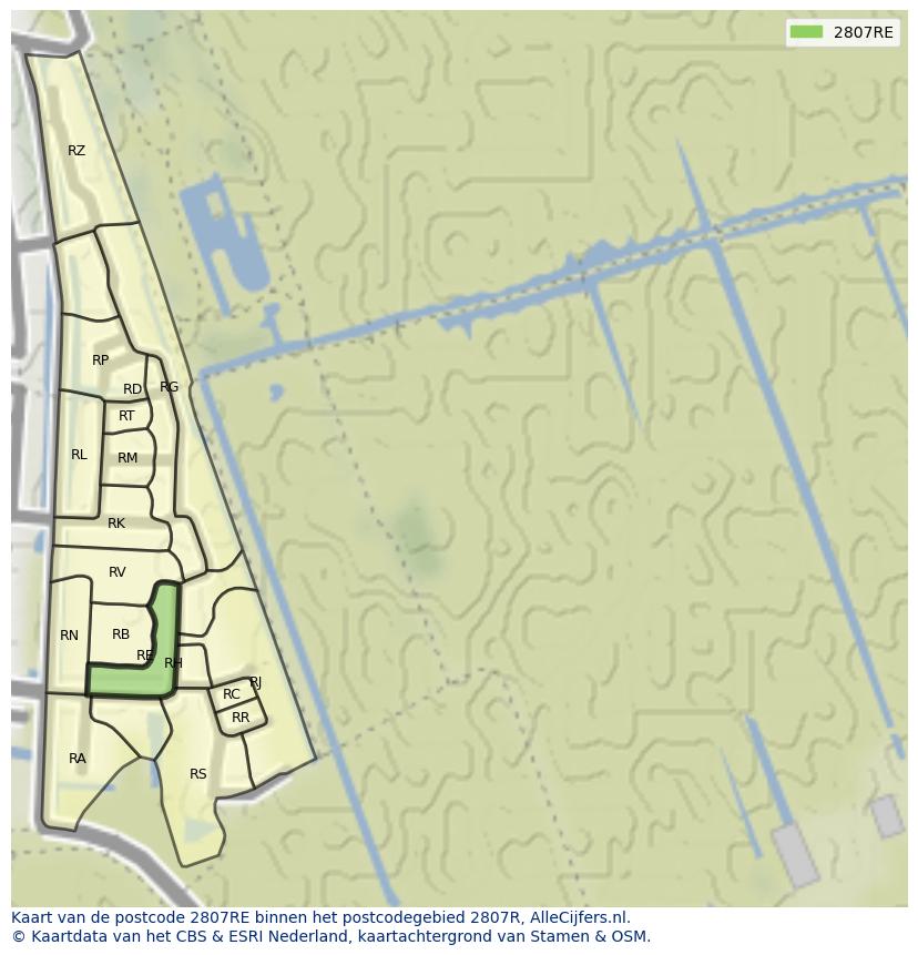 Afbeelding van het postcodegebied 2807 RE op de kaart.