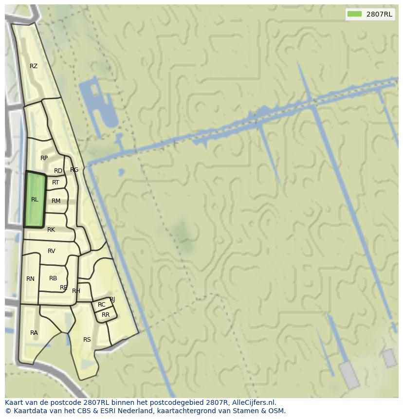 Afbeelding van het postcodegebied 2807 RL op de kaart.