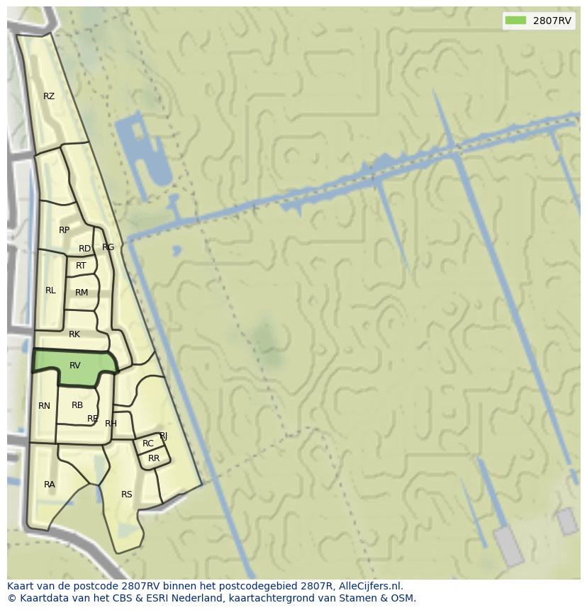 Afbeelding van het postcodegebied 2807 RV op de kaart.