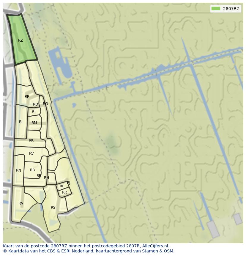 Afbeelding van het postcodegebied 2807 RZ op de kaart.