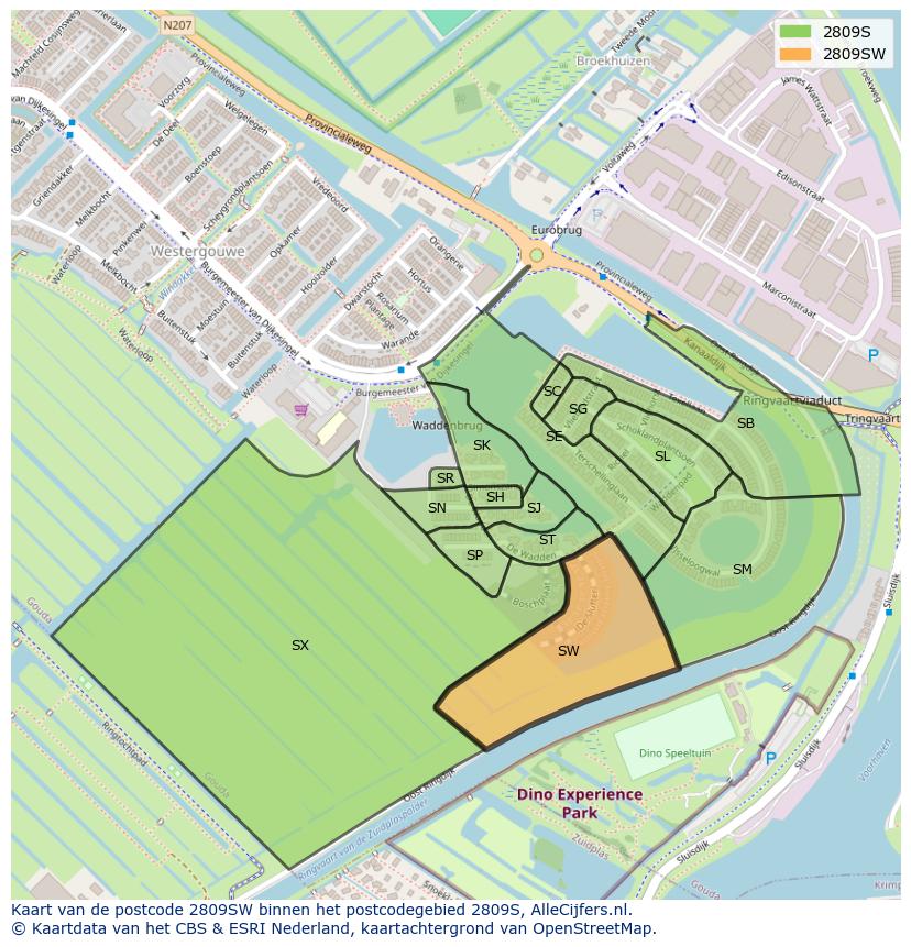 Afbeelding van het postcodegebied 2809 SW op de kaart.