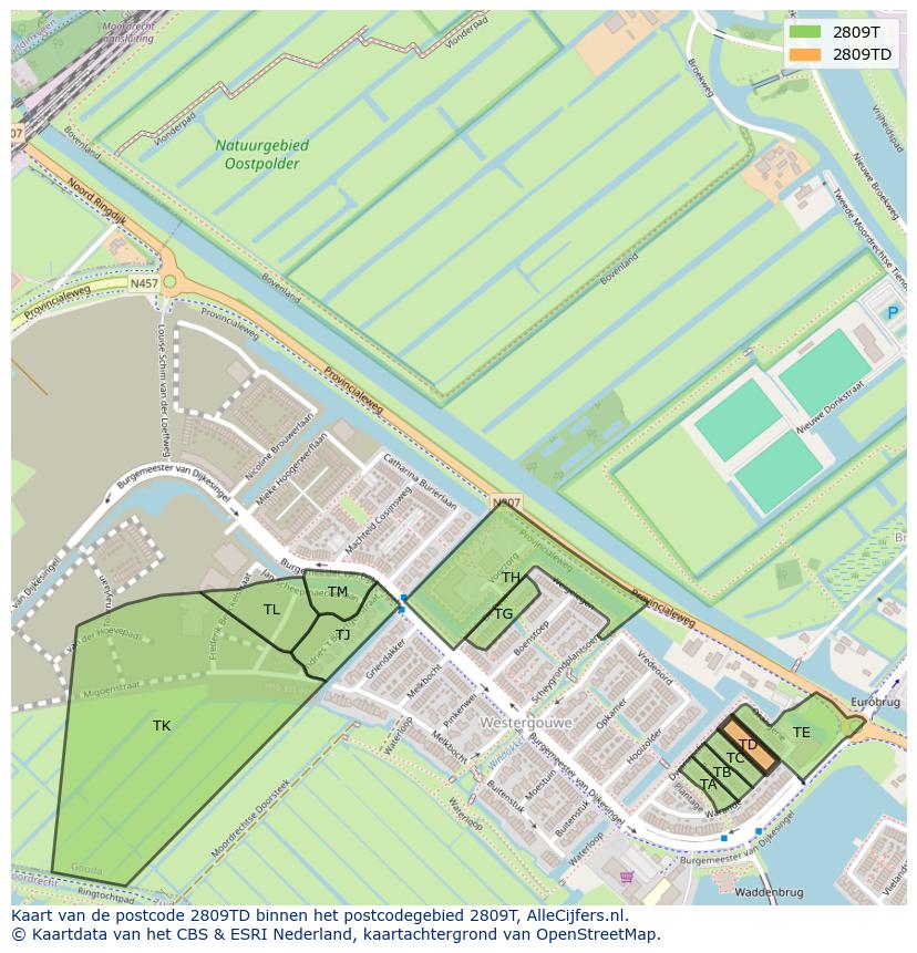 Afbeelding van het postcodegebied 2809 TD op de kaart.