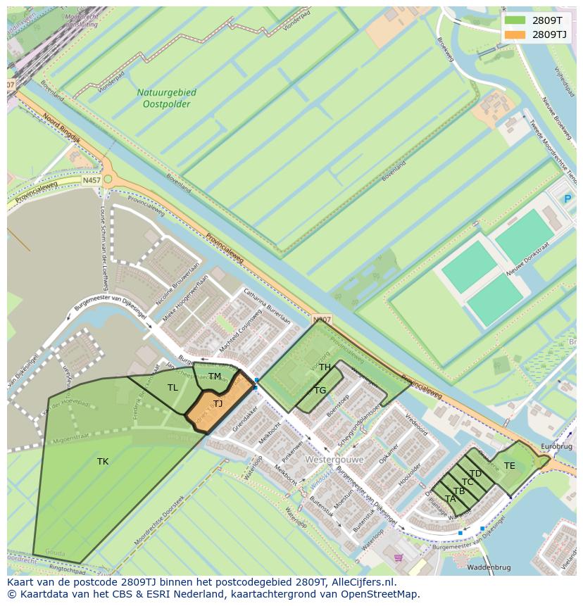 Afbeelding van het postcodegebied 2809 TJ op de kaart.