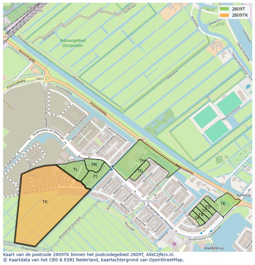 Afbeelding van het postcodegebied 2809 TK op de kaart.