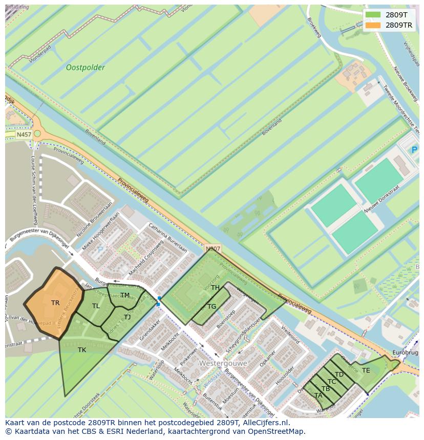 Afbeelding van het postcodegebied 2809 TR op de kaart.