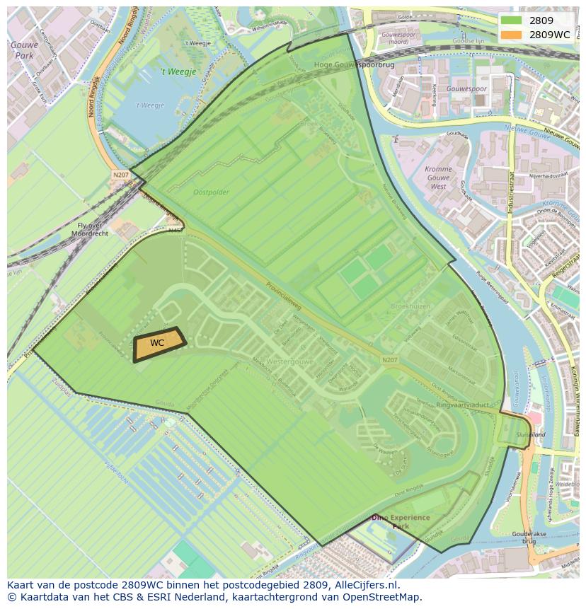 Afbeelding van het postcodegebied 2809 WC op de kaart.