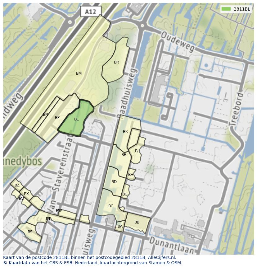 Afbeelding van het postcodegebied 2811 BL op de kaart.