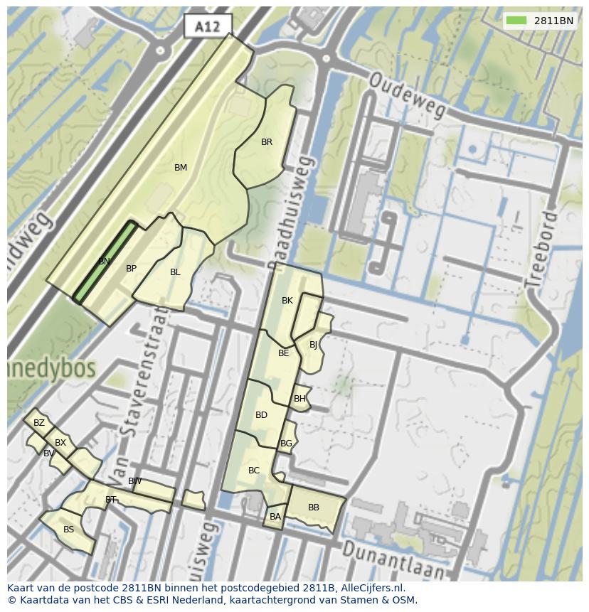 Afbeelding van het postcodegebied 2811 BN op de kaart.