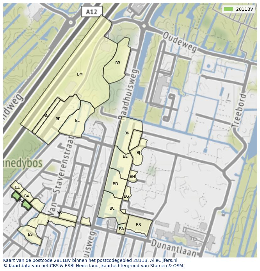 Afbeelding van het postcodegebied 2811 BV op de kaart.