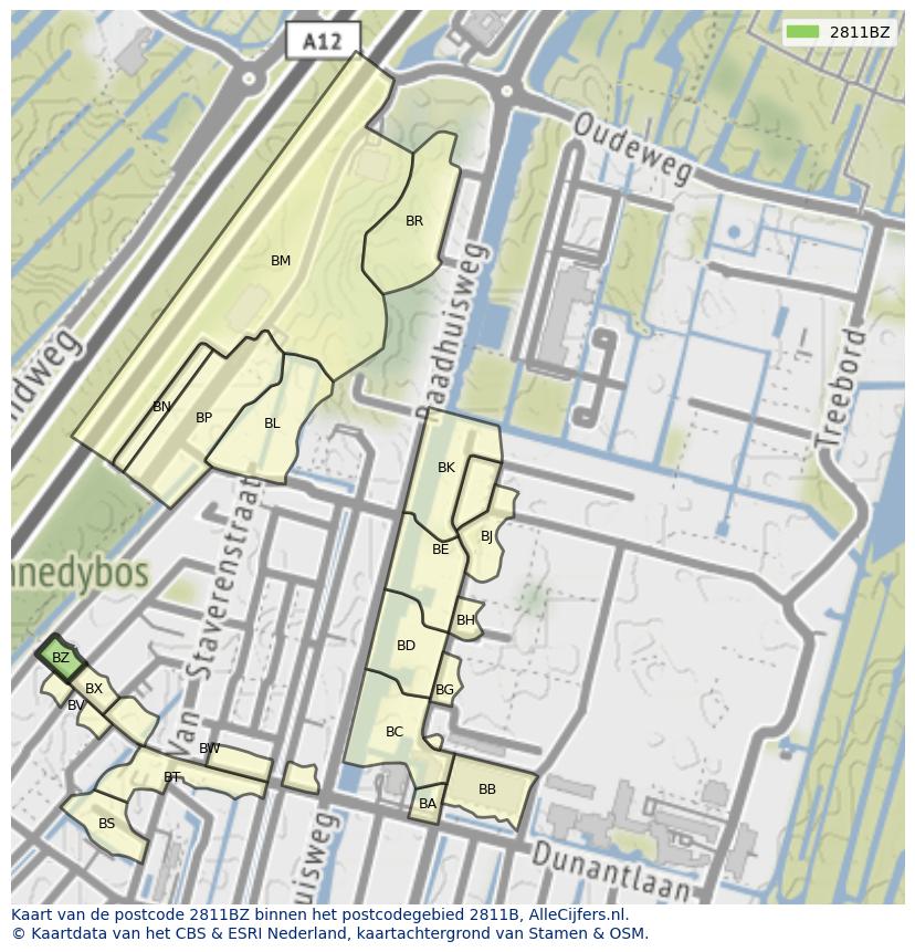 Afbeelding van het postcodegebied 2811 BZ op de kaart.