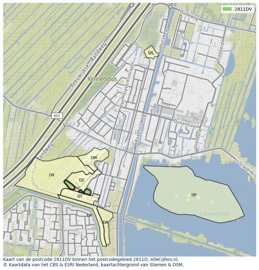 Afbeelding van het postcodegebied 2811 DV op de kaart.