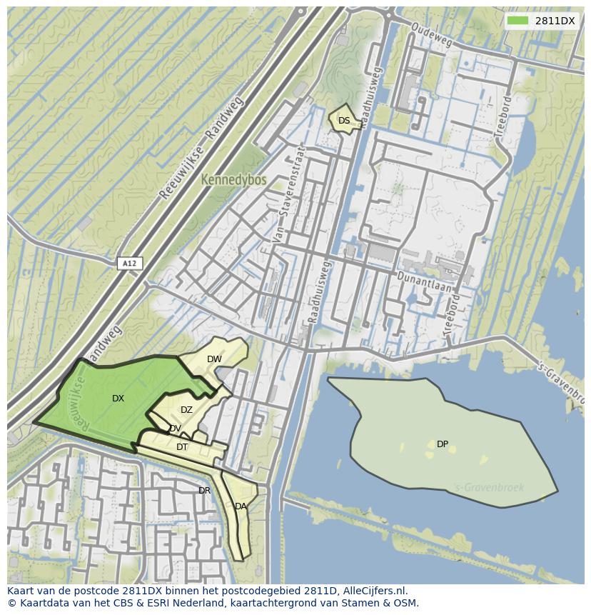 Afbeelding van het postcodegebied 2811 DX op de kaart.