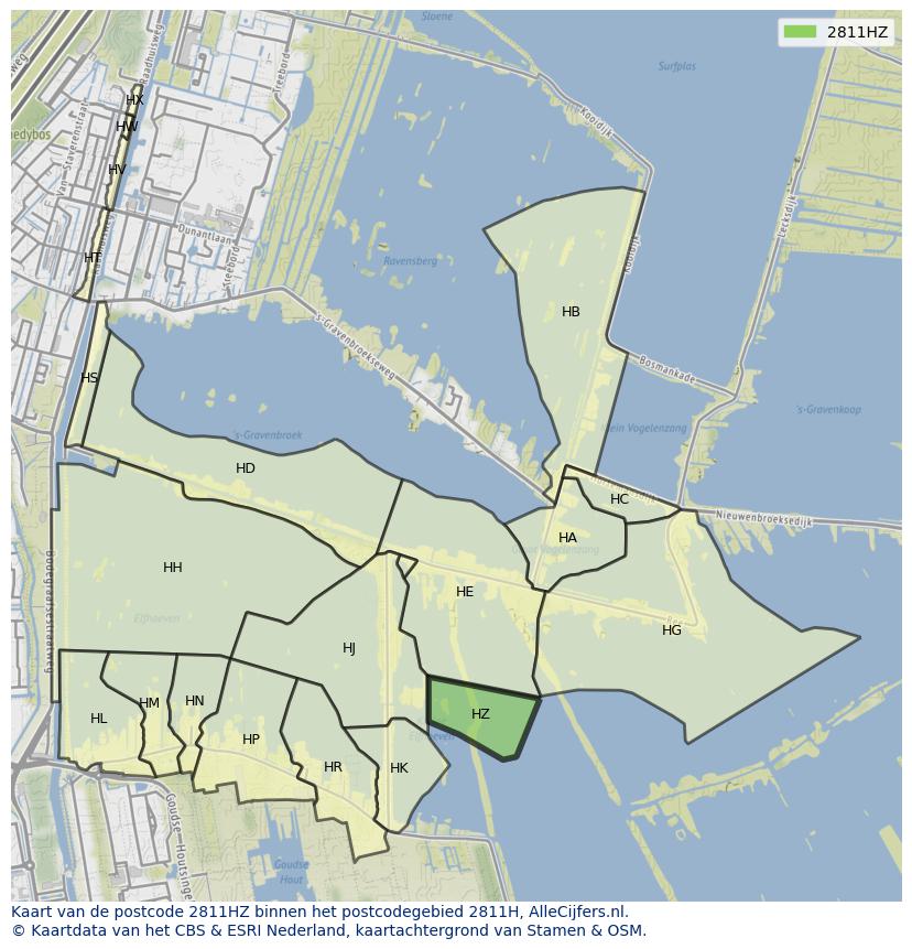 Afbeelding van het postcodegebied 2811 HZ op de kaart.