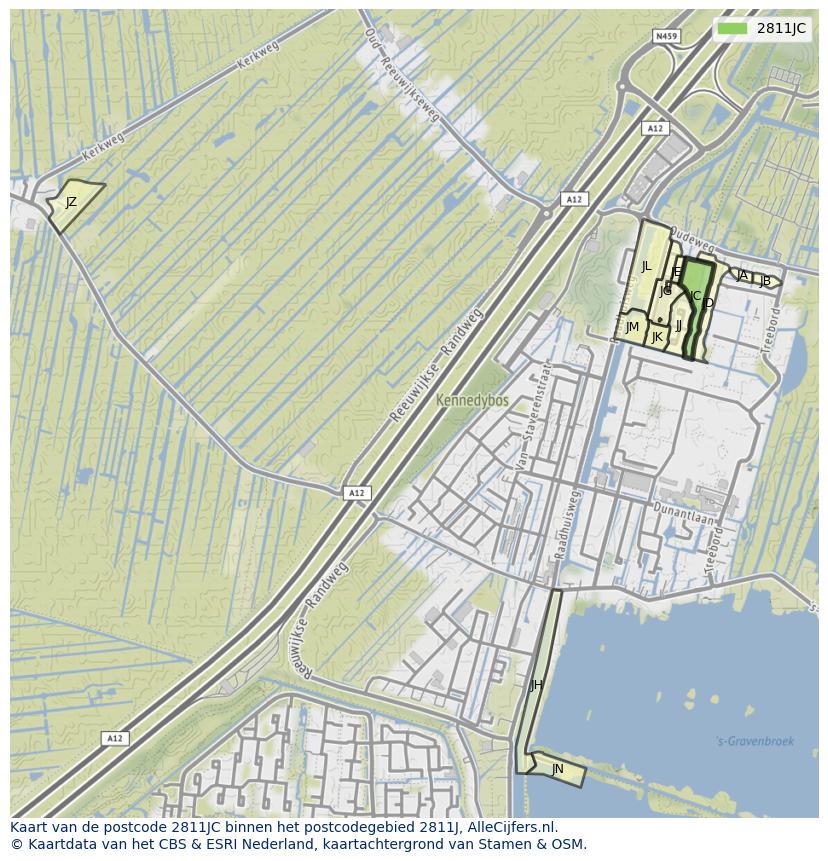 Afbeelding van het postcodegebied 2811 JC op de kaart.