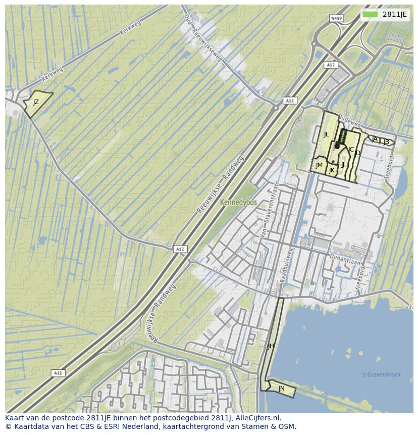 Afbeelding van het postcodegebied 2811 JE op de kaart.