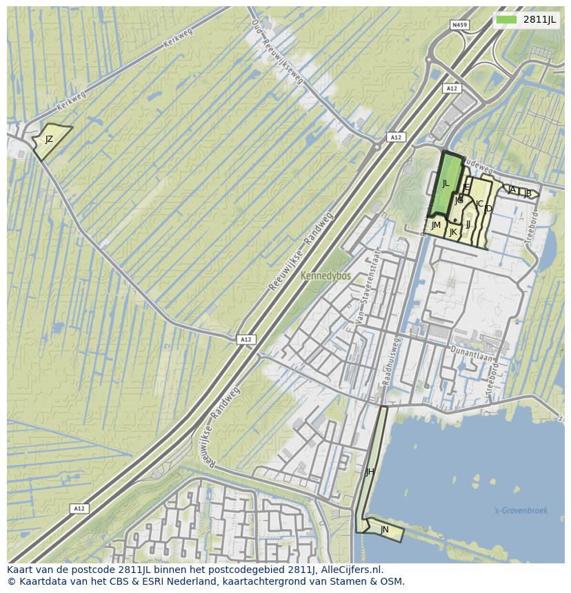 Afbeelding van het postcodegebied 2811 JL op de kaart.