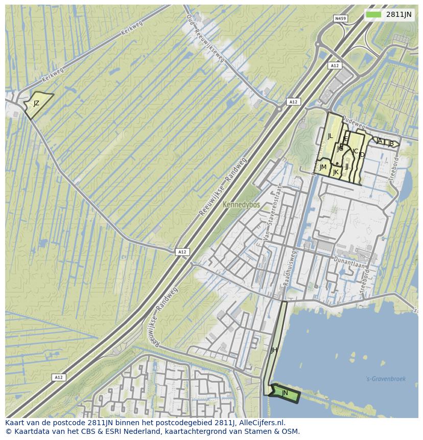 Afbeelding van het postcodegebied 2811 JN op de kaart.