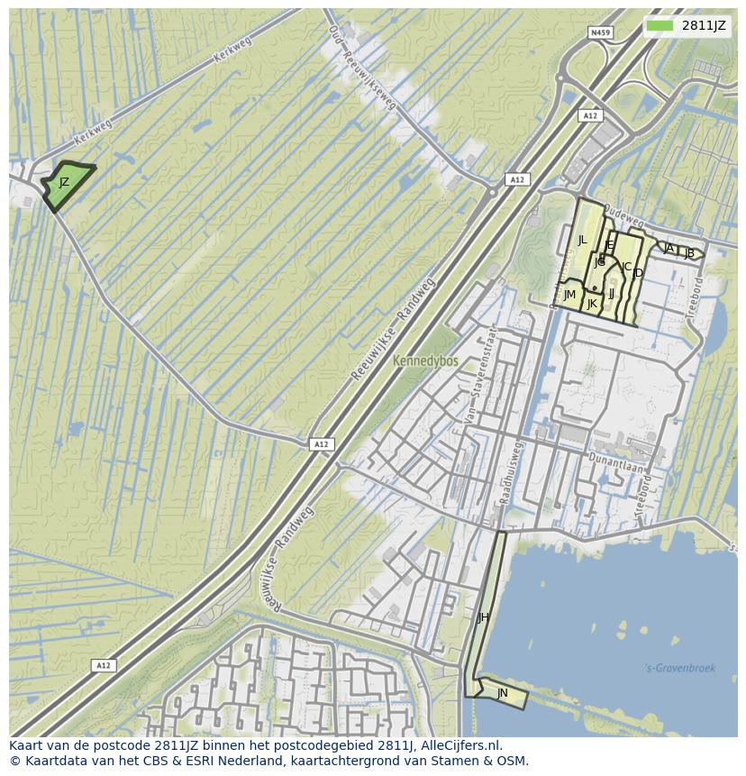 Afbeelding van het postcodegebied 2811 JZ op de kaart.