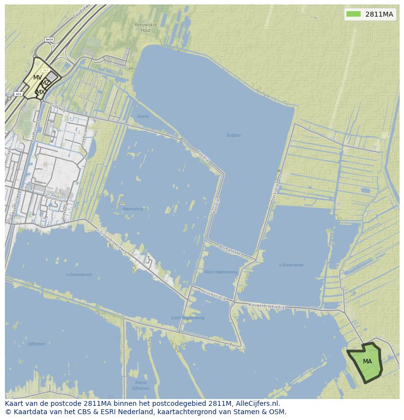 Afbeelding van het postcodegebied 2811 MA op de kaart.