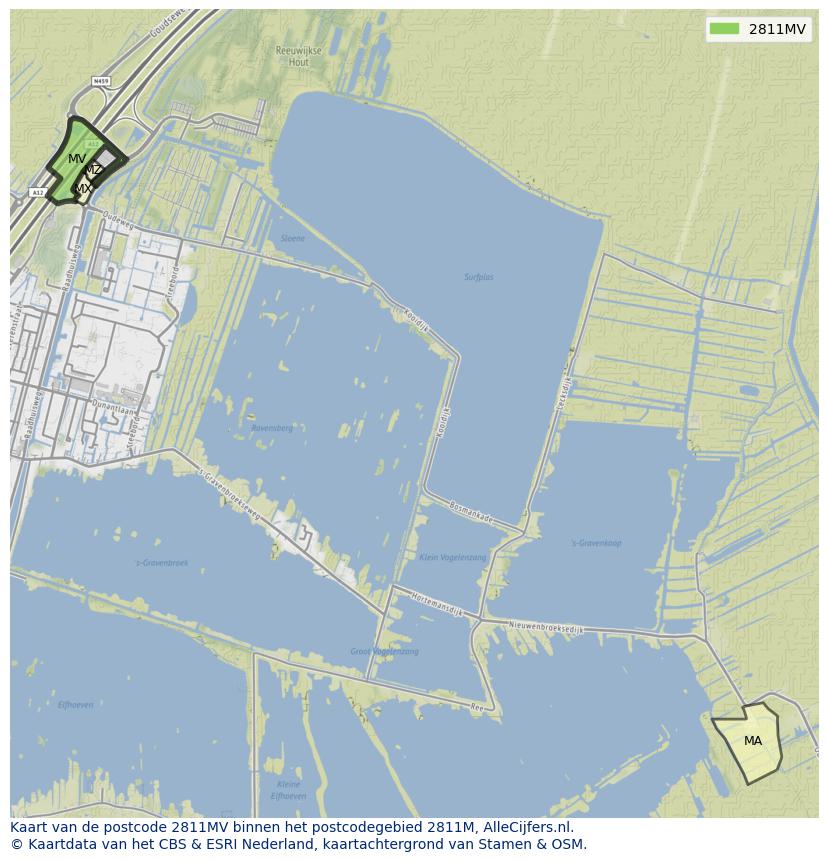 Afbeelding van het postcodegebied 2811 MV op de kaart.