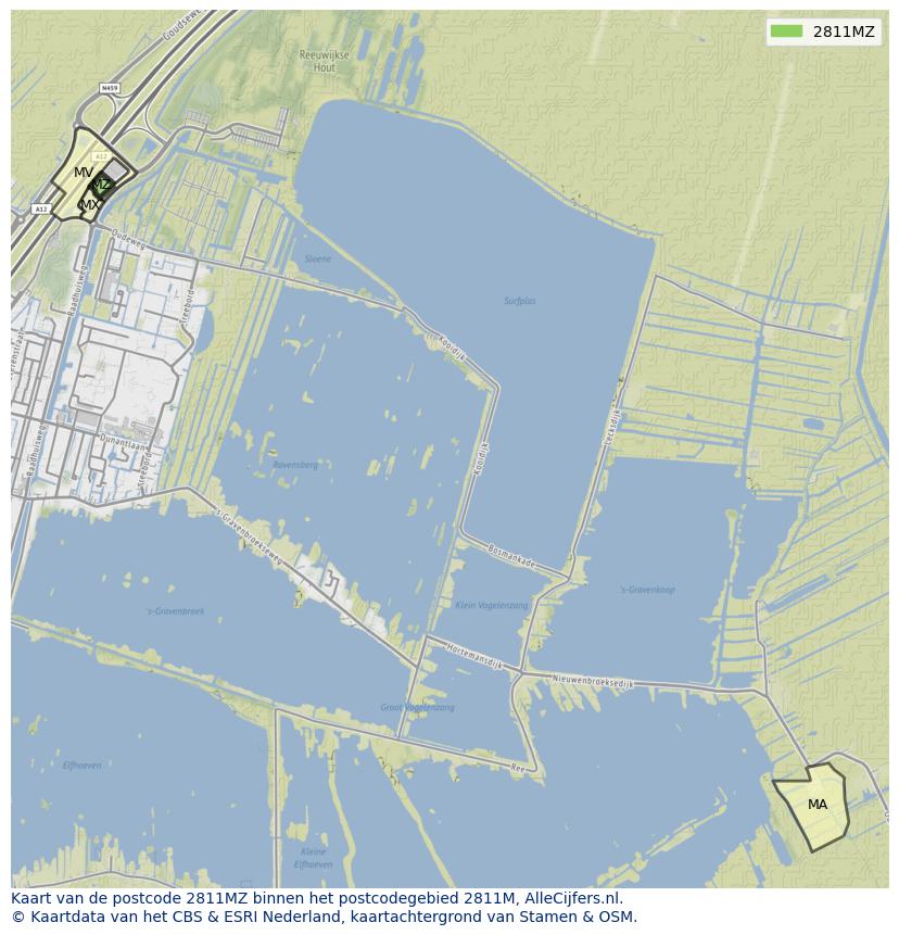 Afbeelding van het postcodegebied 2811 MZ op de kaart.
