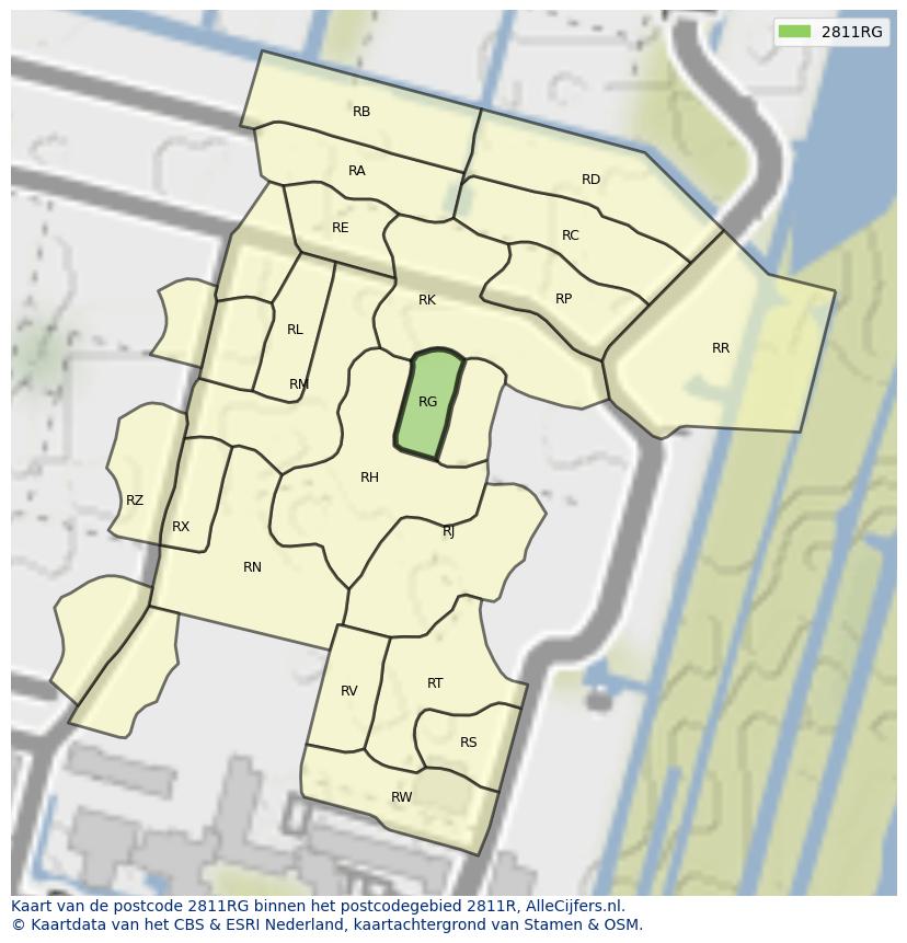 Afbeelding van het postcodegebied 2811 RG op de kaart.