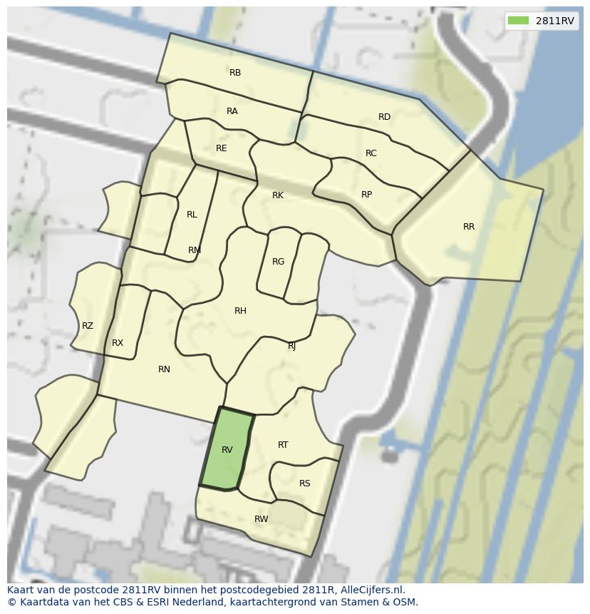 Afbeelding van het postcodegebied 2811 RV op de kaart.