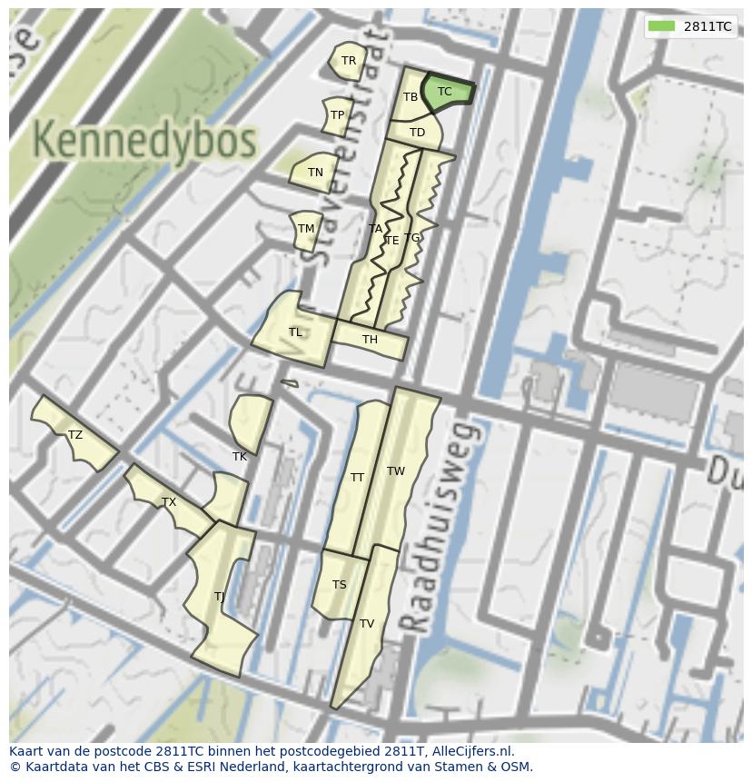 Afbeelding van het postcodegebied 2811 TC op de kaart.