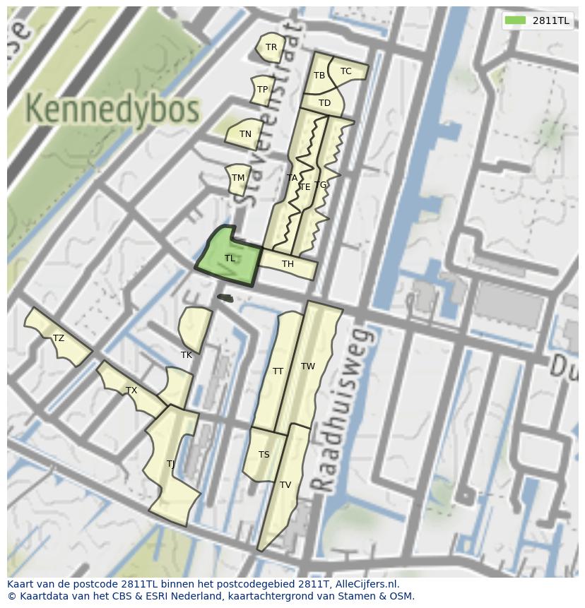 Afbeelding van het postcodegebied 2811 TL op de kaart.